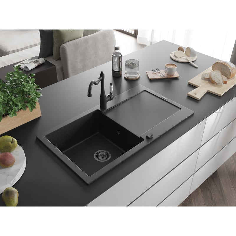 Mexen Leo Granitspüle mit 1 Becken, Abtropffläche und Küchenarmatur Carla, schwarz/silber metallic - 6501-73-670700-70-B