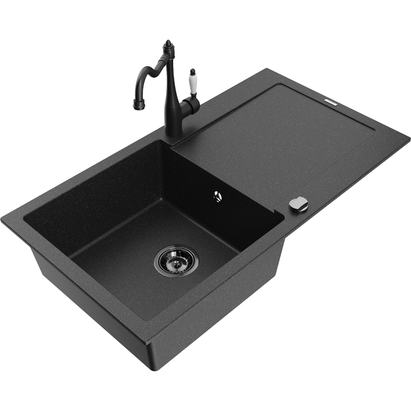 Mexen Leo Granitspüle 1-beckig mit Abtropffläche und Küchenarmatur Carla, schwarz/silber metallic - 6501-73-670700-70-B