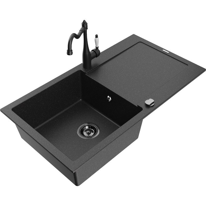 Mexen Leo Granitspüle mit 1 Becken, Abtropffläche und Küchenarmatur Carla, schwarz/silber metallic - 6501-73-670700-70-B