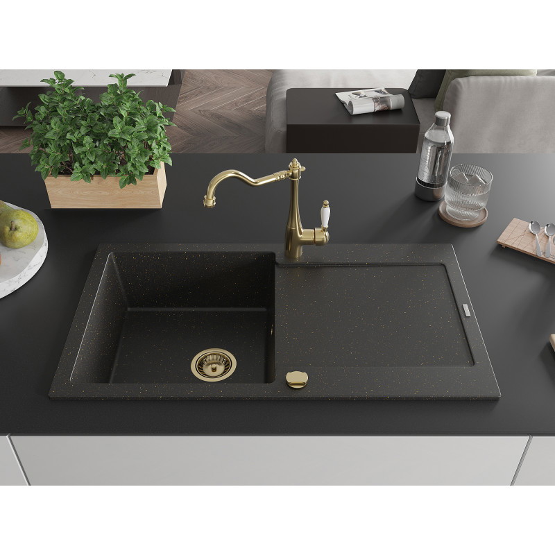 Mexen Leo Granitspüle 1-Becken mit Abtropffläche und Küchenarmatur Carla, schwarz/goldener Metallic - 6501-75-670700-50