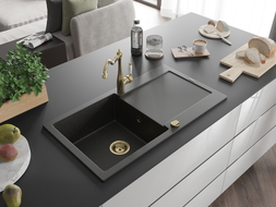 Mexen Leo Granitspüle 1-Becken mit Abtropffläche und Küchenarmatur Carla, schwarz/goldener Metallic - 6501-75-670700-50