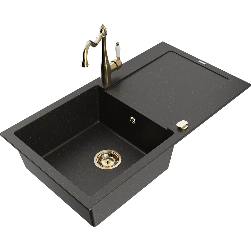 Mexen Leo Granitspüle 1-Becken mit Abtropffläche und Küchenarmatur Carla, schwarz/goldener Metallic - 6501-75-670700-50