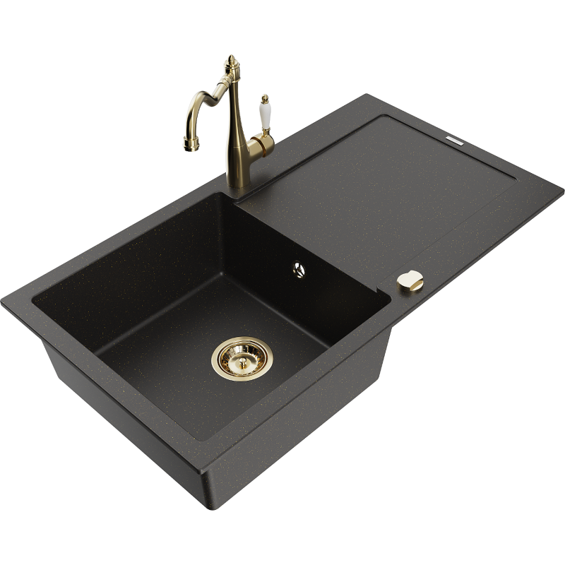 Mexen Leo Granitspüle 1-beckig mit Abtropffläche und Küchenarmatur Carla, schwarz/gold metallic - 6501-75-670700-50