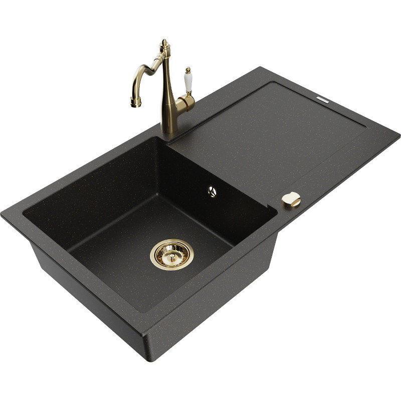 Mexen Leo Granitspüle 1-fach mit Abtropffläche und Küchenarmatur Carla, schwarz/gold-metallic - 6501-75-670700-50