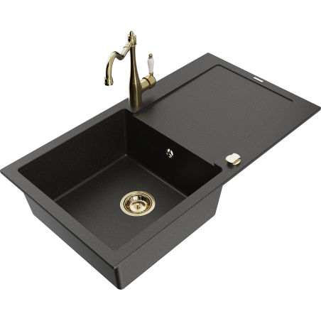 Mexen Leo Granitspüle 1-Becken mit Abtropffläche und Küchenarmatur Carla, schwarz/goldener Metallic - 6501-75-670700-50