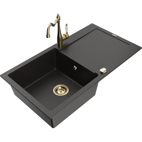 Mexen Leo Granitspüle 1-fach mit Abtropffläche und Küchenarmatur Carla, schwarz/gold-metallic - 6501-75-670700-50