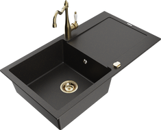 Mexen Leo Granitspüle 1-Becken mit Abtropffläche und Küchenarmatur Carla, schwarz/goldener Metallic - 6501-75-670700-50