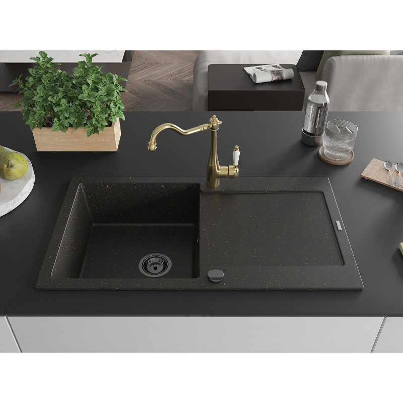 Mexen Leo Granitspüle 1-Becken mit Abtropffläche und Küchenarmatur Carla, schwarz/gold metallic - 6501-75-670700-50-B