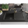Mexen Leo Granitspüle 1-beckig mit Abtropffläche und Küchenarmatur Carla, schwarz/gold metallic - 6501-75-670700-50-B