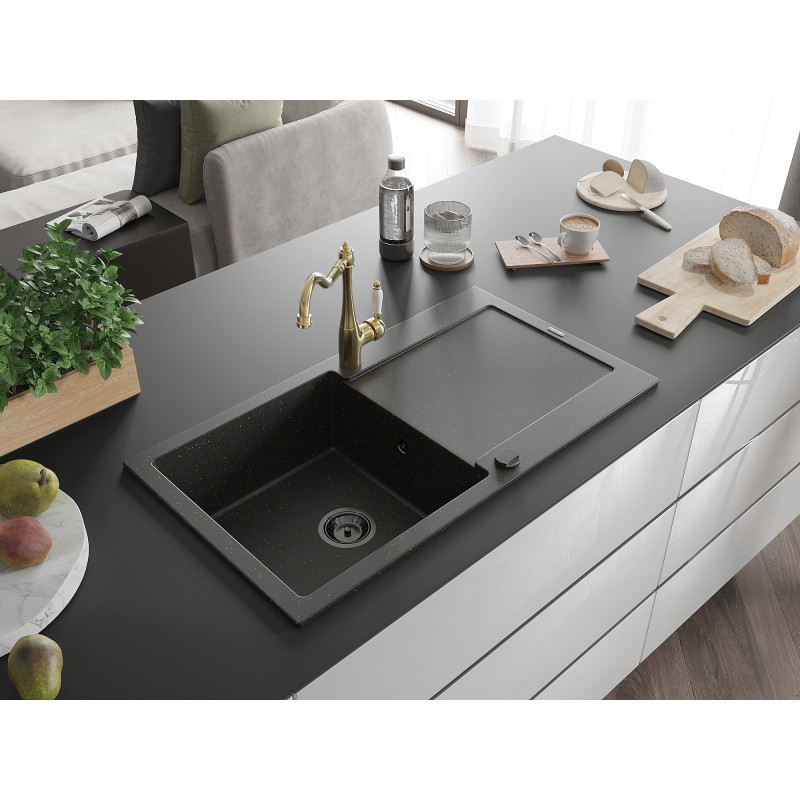 Mexen Leo Granitspüle 1-Becken mit Abtropffläche und Küchenarmatur Carla, schwarz/gold metallic - 6501-75-670700-50-B