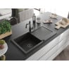 Mexen Leo Granitspüle 1-Becken mit Abtropffläche und Küchenarmatur Carla, Schwarz/Gold Metallic - 6501-75-670700-70-B