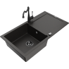 Mexen Leo Granitspüle 1-Becken mit Abtropffläche und Küchenarmatur Carla, Schwarz/Gold Metallic - 6501-75-670700-70-B