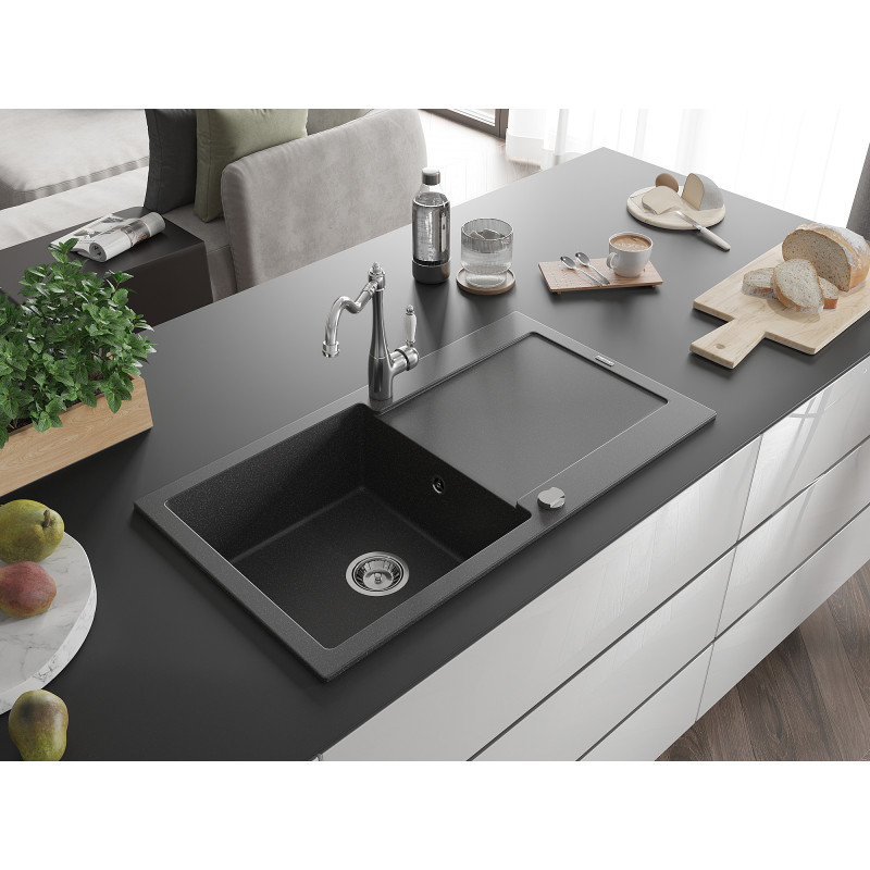 Mexen Leo Granitspüle 1-Becken mit Abtropffläche und Küchenarmatur Carla, schwarz gesprenkelt - 6501-76-670700-00