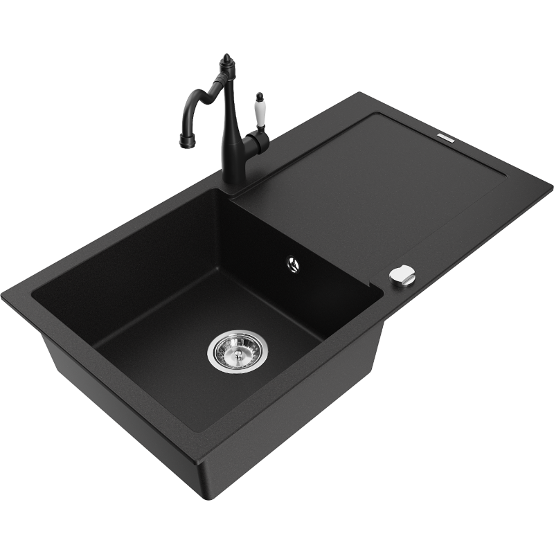 Mexen Leo Granitspüle 1-Becken mit Abtropffläche und Küchenarmatur Carla, schwarz - 6501-77-670700-70