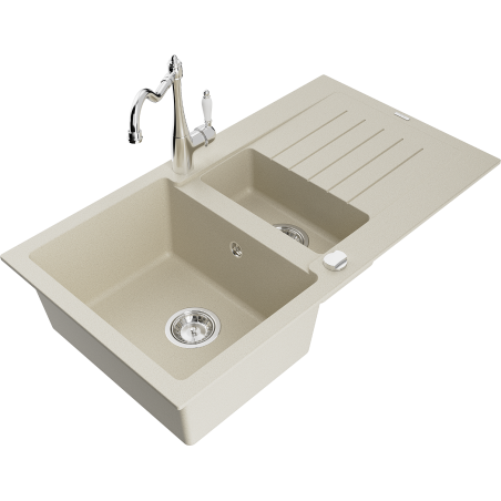 Mexen Matias Granitspüle 1,5-Becken mit Abtropffläche und Küchenarmatur Carla, beige - 6502-69-670700-00