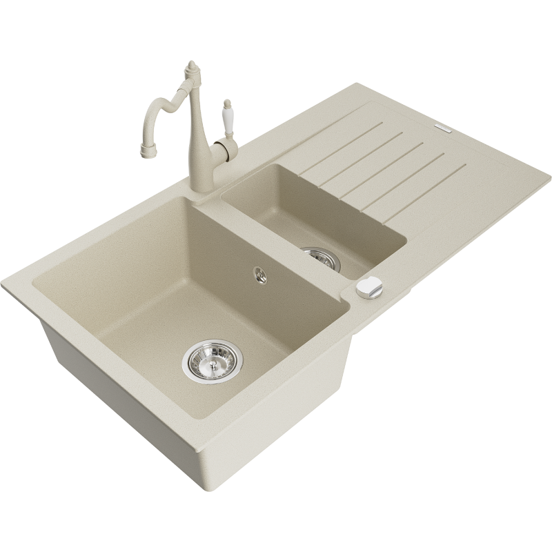 Mexen Matias 1,5-Kammer Granitspüle mit Abtropffläche und Küchenarmatur Carla, Beige - 6502-69-670700-69