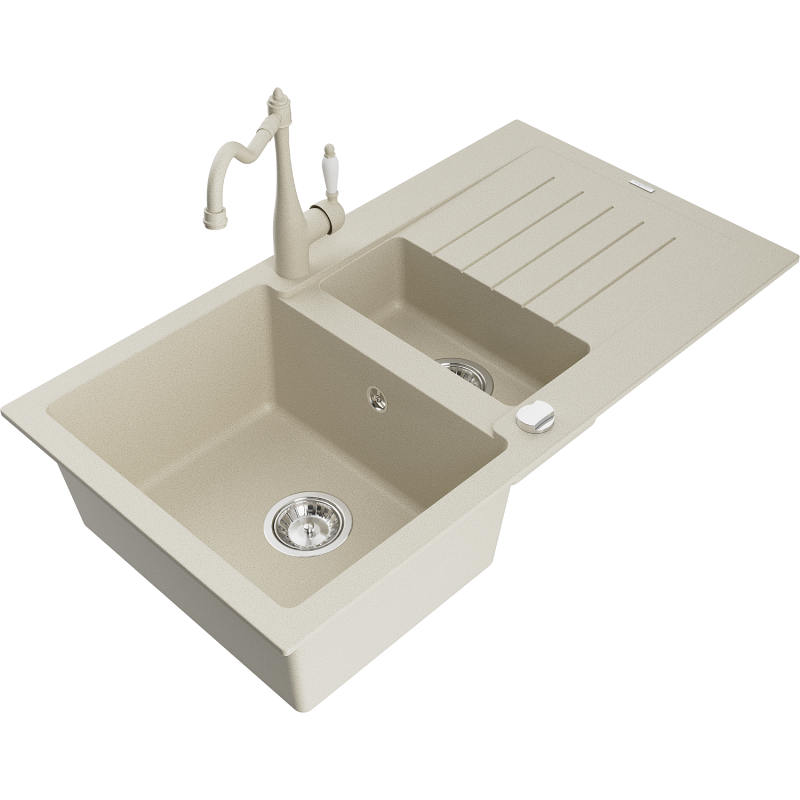 Mexen Matias Granitspüle, 1,5 Becken mit Abtropffläche und Küchenarmatur Carla, beige - 6502-69-670700-69