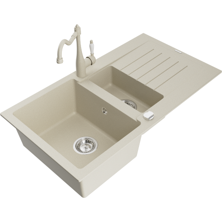 Mexen Matias Granitspüle, 1,5 Becken mit Abtropffläche und Küchenarmatur Carla, beige - 6502-69-670700-69