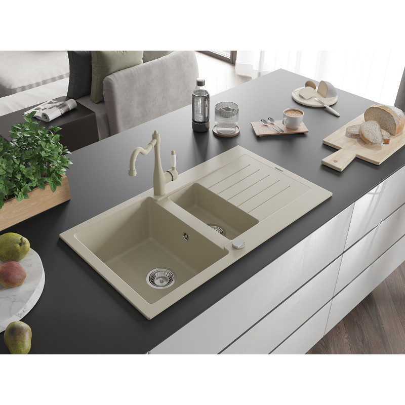 Mexen Matias 1,5-Kammer Granitspüle mit Abtropffläche und Küchenarmatur Carla, Beige - 6502-69-670700-69