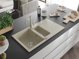 Mexen Matias Granitspüle, 1,5 Becken mit Abtropffläche und Küchenarmatur Carla, beige - 6502-69-670700-69