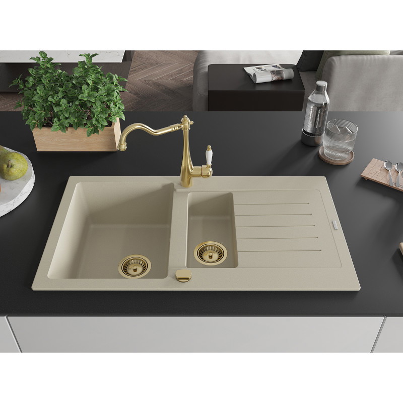 Mexen Matias Granitspüle 1,5-Becken mit Abtropffläche und Küchenarmatur Carla, beige - 6502-69-670700-50