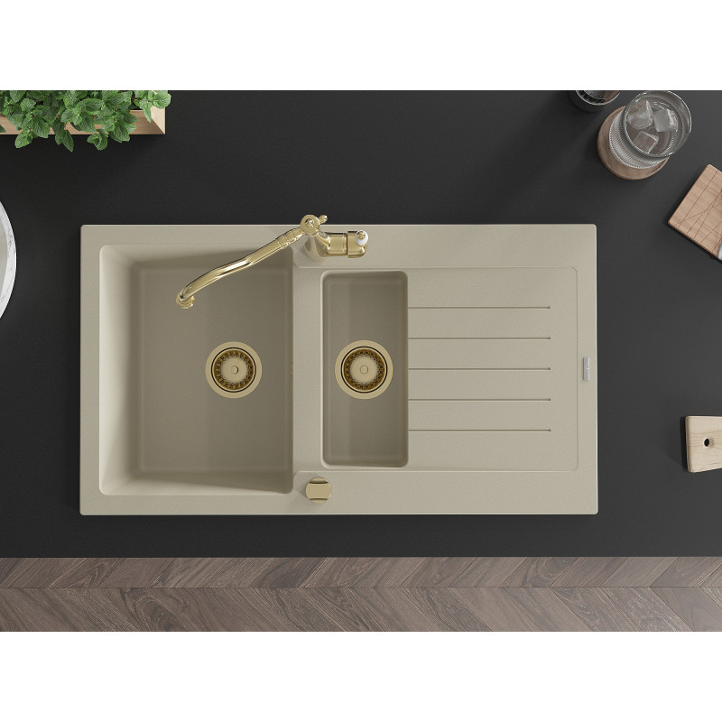 Mexen Matias Granitspüle 1,5-Becken mit Abtropffläche und Küchenarmatur Carla, beige - 6502-69-670700-50