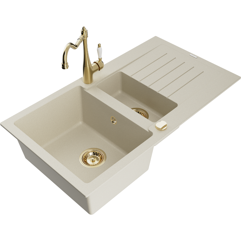 Mexen Matias Granitspüle 1,5-Becken mit Abtropffläche und Küchenarmatur Carla, beige - 6502-69-670700-50