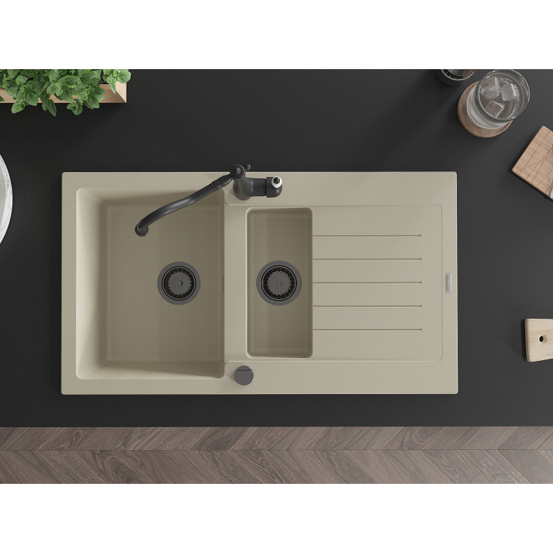 Mexen Matias Granitspüle 1,5-Becken mit Abtropffläche und Küchenarmatur Carla, beige - 6502-69-670700-70