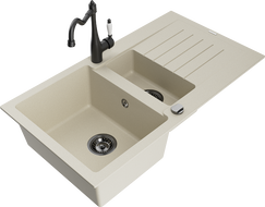 Mexen Matias granitspüle 1,5-becken mit abtropffläche und küchenarmatur Carla, beige - 6502-69-670700-70