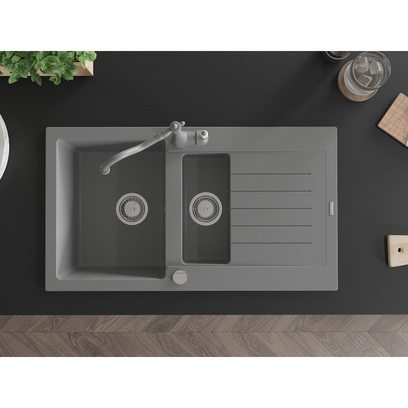 Mexen Matias Granitspüle 1,5-Kammer mit Abtropffläche und Küchenarmatur Carla, grau - 6502-71-670700-71