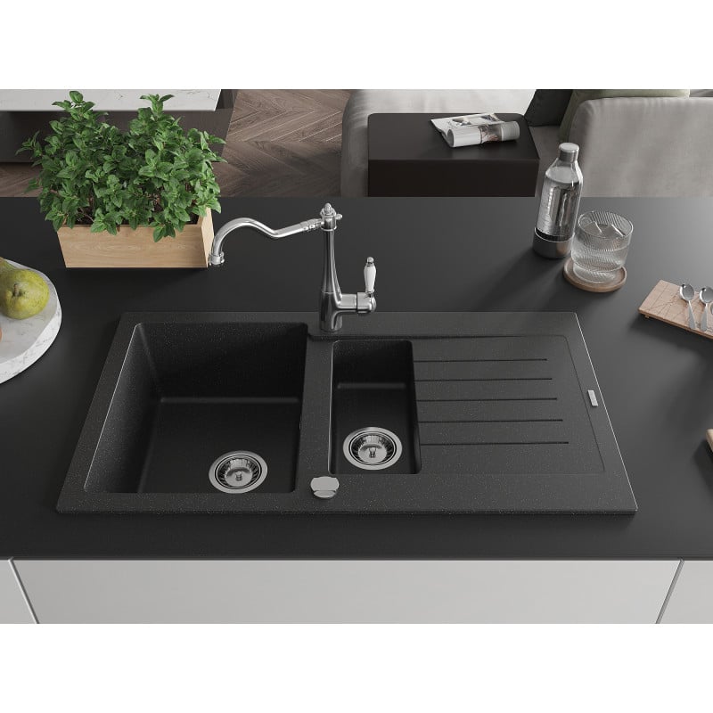 Mexen Matias Granitspüle 1,5-Schüsseln mit Abtropffläche und Küchenarmatur Carla schwarz/silber metallic - 6502-73-670700-00