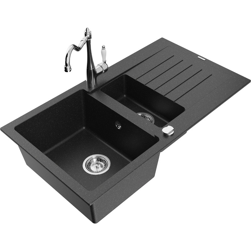 Mexen Matias Granitspüle 1,5-becken mit Abtropffläche und Küchenarmatur Carla schwarz/silber metallic - 6502-73-670700-00