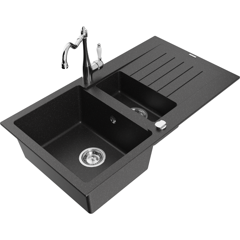 Mexen Matias Granitspüle 1,5-Kammer mit Abtropffläche und Küchenarmatur Carla schwarz/silber metallic - 6502-73-670700-00