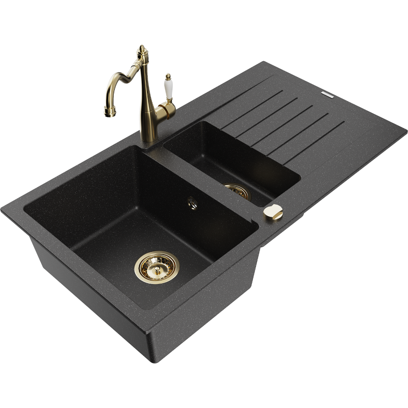 Mexen Matias Granitspüle 1,5-beckig mit Abtropffläche und Küchenarmatur Carla schwarz/silber metallic - 6502-73-670700-50