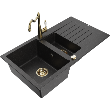 Mexen Matias Granitspüle 1,5-beckig mit Abtropffläche und Küchenarmatur Carla schwarz/silber metallic - 6502-73-670700-50
