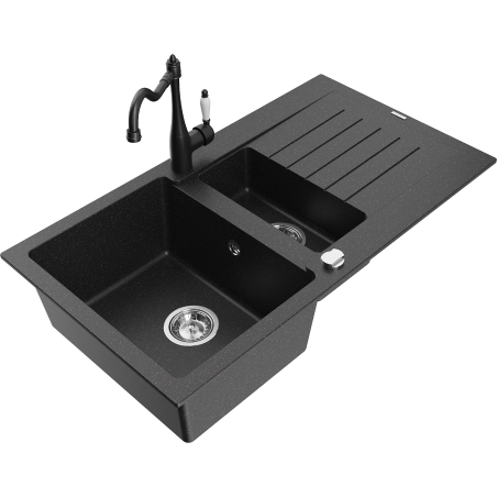 Mexen Matias Granitspüle 1,5-Becken mit Abtropffläche und Küchenarmatur Carla schwarz/silber metallic - 6502-73-670700-70