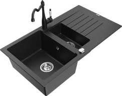 Mexen Matias Granitspüle 1,5-Becken mit Abtropffläche und Küchenarmatur Carla schwarz/silber metallic - 6502-73-670700-70