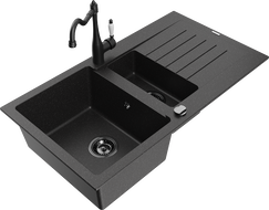 Mexen Matias Granitspüle 1,5-becken mit Abtropffläche und Küchenarmatur Carla, schwarz/silber - 6502-73-670700-70-B