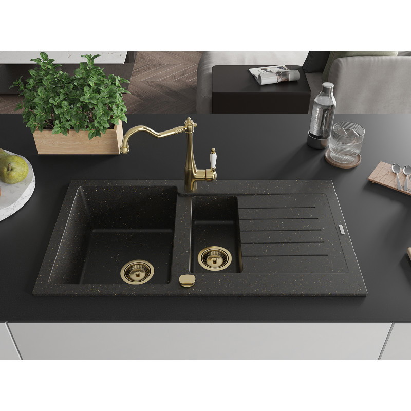Mexen Matias Granitspüle 1,5-beckig mit Abtropffläche und Küchenarmatur Carla, schwarz/gold metallic - 6502-75-670700-50