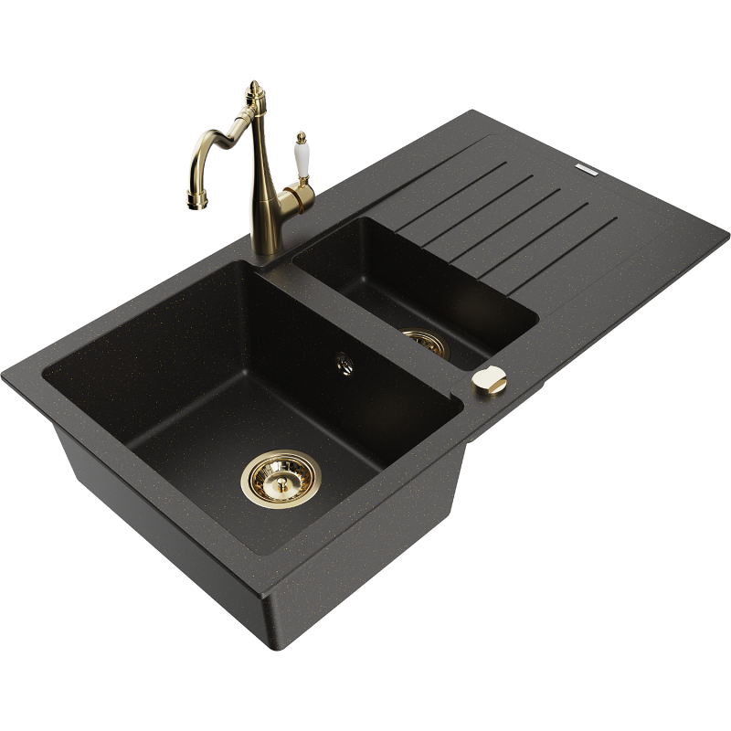 Mexen Matias Granitspüle 1,5-beckig mit Abtropffläche und Küchenarmatur Carla, schwarz/gold metallic - 6502-75-670700-50