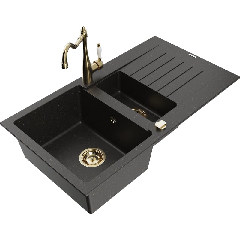 Mexen Matias Granitspüle 1,5-fach mit Abtropffläche und Küchenarmatur Carla, schwarz/gold Metallic - 6502-75-670700-50