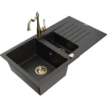 Mexen Matias Granitspüle 1,5-beckig mit Abtropffläche und Küchenarmatur Carla, schwarz/gold metallic - 6502-75-670700-50