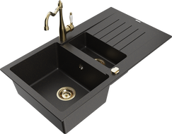 Mexen Matias Granitspüle 1,5-beckig mit Abtropffläche und Küchenarmatur Carla, schwarz/gold metallic - 6502-75-670700-50
