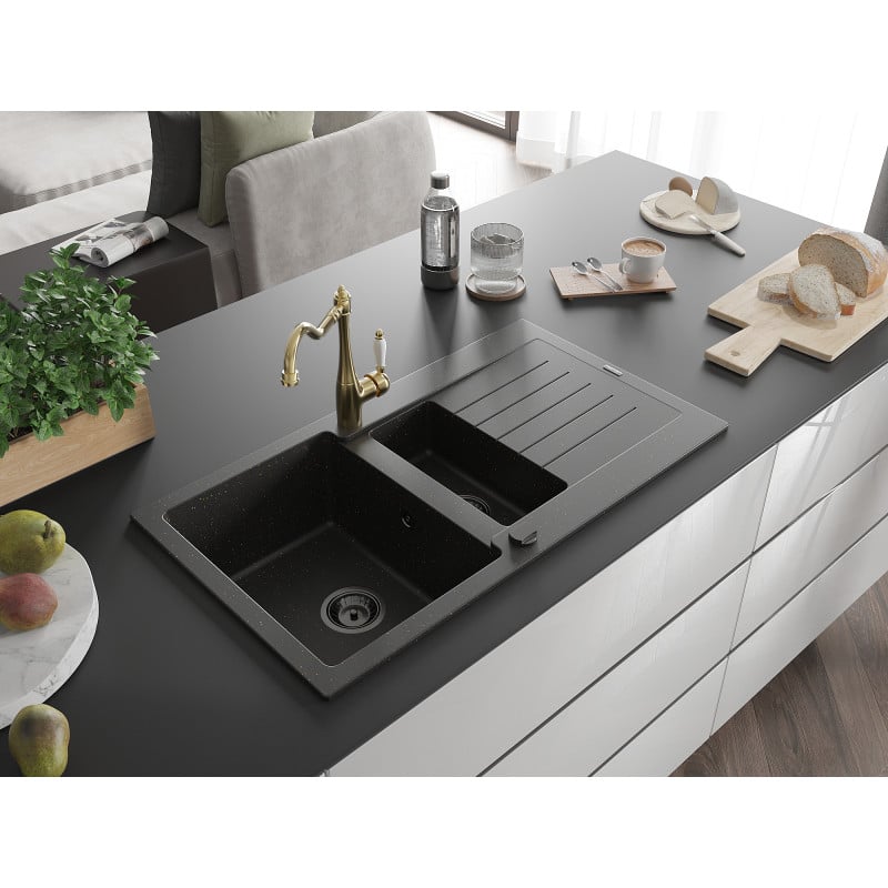 Mexen Matias granitspüle 1,5-becken mit abtropffläche und küchenarmatur Carla schwarz/gold metallic - 6502-75-670700-50-B
