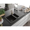 Mexen Matias granitspüle 1,5-becken mit abtropffläche und küchenarmatur Carla schwarz/gold metallic - 6502-75-670700-50-B
