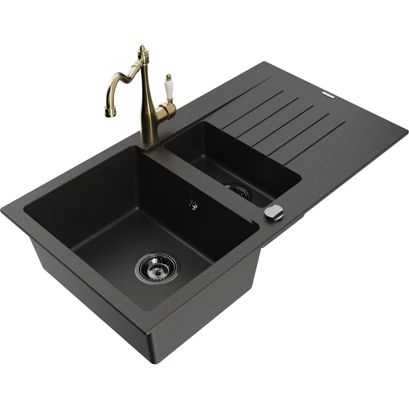 Mexen Matias granitspüle 1,5-becken mit abtropffläche und küchenarmatur Carla schwarz/gold metallic - 6502-75-670700-50-B