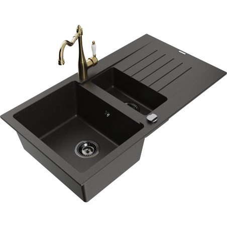 Mexen Matias granitspüle 1,5-becken mit abtropffläche und küchenarmatur Carla schwarz/gold metallic - 6502-75-670700-50-B