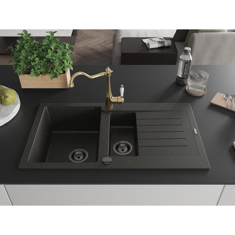 Mexen Matias granitspüle 1,5-becken mit abtropffläche und küchenarmatur Carla schwarz/gold metallic - 6502-75-670700-50-B