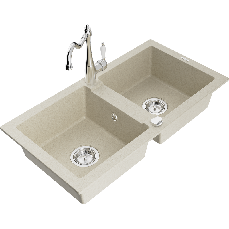 Mexen Mario Granitspüle 2-Kammer mit Küchenarmatur Carla, beige - 6504-69-670700-00
