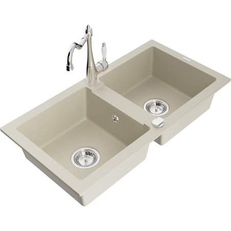 Mexen Mario Granitspüle 2-Kammer mit Küchenarmatur Carla, beige - 6504-69-670700-00